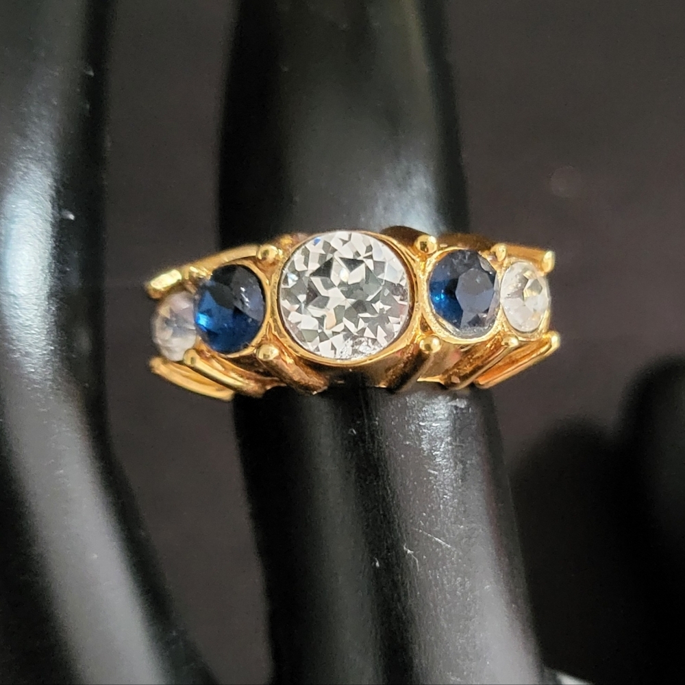 Vintage Monet Goldtone With Blue & Clear Stones Ring